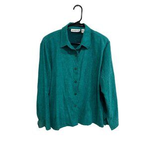 Allyson Whitmore Crinkle Button Front Shirt Teal Sz Large Textured Career Work